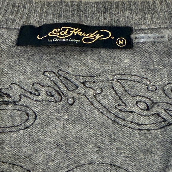 Ed Hardy Gray Sweater Sz M Love Kills Slowly Cashmere Wool Womens - Picture 4 of 6